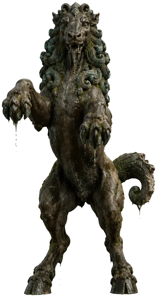 The Rearing Vyal, binatang batu bersurai keriting, separuh singa separuh kuda, berdiri di kaki belakang dengan cakar terangkat.
