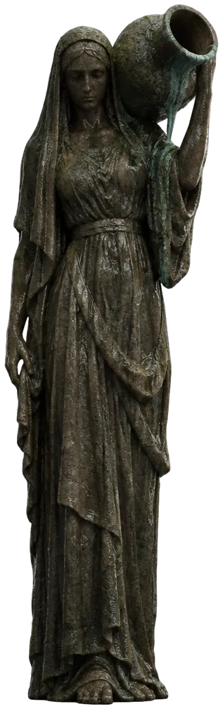 The Lady of the Dry Ewer, pembawa air dari batu berkerudung, kendi batu besar miring di bahunya, kosong.