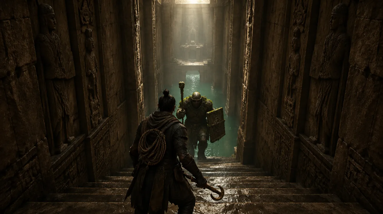 Tangkapan dalam game dari belakang Dowser di tangga sempit, The Warden of the Third Step naik tiga anak tangga di bawahnya.